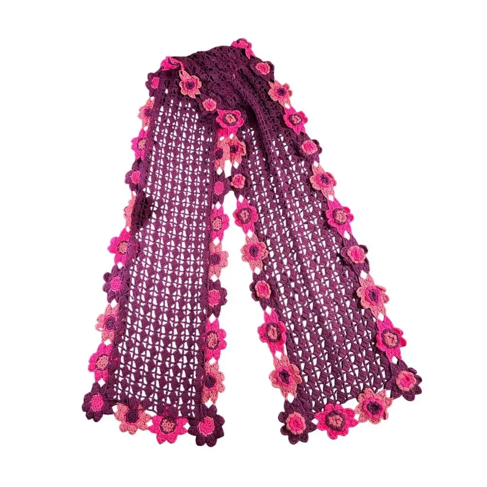 Gap Crochet Floral Scarf- purple pink- wool knit- feminine whimsygoth OS 62x9